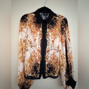 Vici Women's Ornate Floral Flowy Sleeve Blouse - Black and Gold